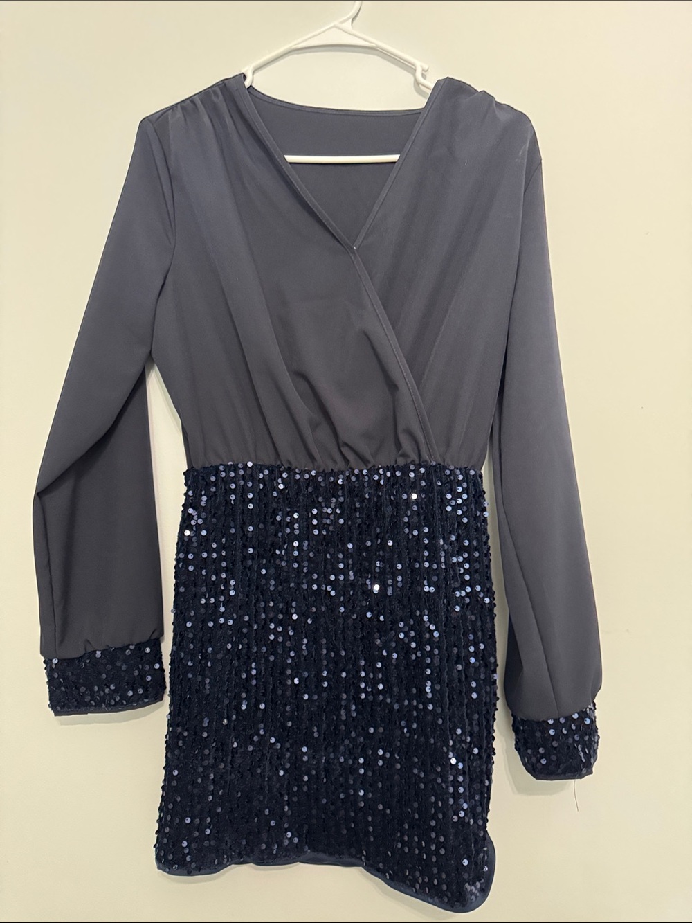 SHEIN Navy Long-Sleeve Sequin Wrap Mini Dress